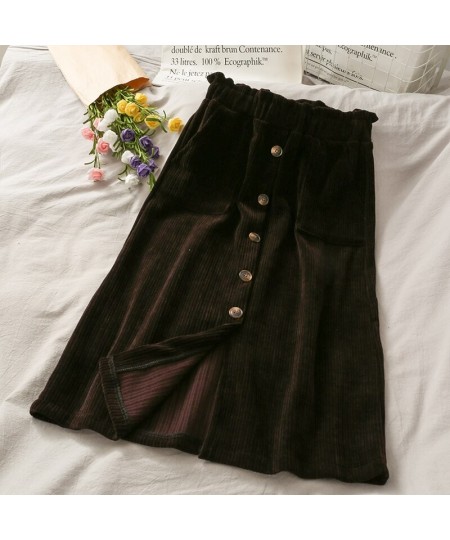 Skirts Womens Autumn Corduroy A-line Elastic High Waist Single Breasted Vintage Chic Streetwear All-match Casual Korean Style...