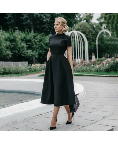 2022 Women Elegant Black Dress Half High Collar High Waist A-Line Dresses Slim Fit Midi Dress Office Lady Female Solid Vestid...