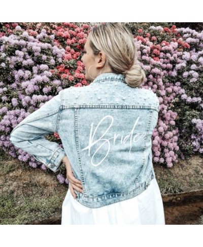 Custom Bride Denim Jacket Pearl Mrs Bachelorette Jean Jackets Hen Party Gift Wedding Day Outerwear Bridesmaid Personalised $6...