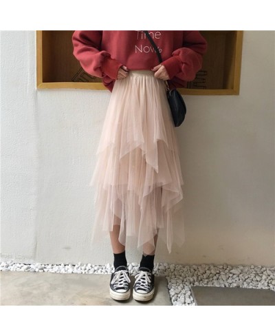 Asymmetrical Tulle Skirts Womens Black Beige Long Maxi Skirt Korean Ladies Girls Layered Skirt $30.09 - Skirts