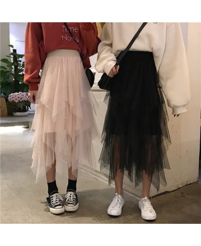 Asymmetrical Tulle Skirts Womens Black Beige Long Maxi Skirt Korean Ladies Girls Layered Skirt $30.09 - Skirts