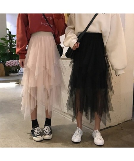 Asymmetrical Tulle Skirts Womens Black Beige Long Maxi Skirt Korean Ladies Girls Layered Skirt $30.09 - Skirts