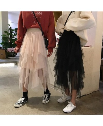 Asymmetrical Tulle Skirts Womens Black Beige Long Maxi Skirt Korean Ladies Girls Layered Skirt $30.09 - Skirts