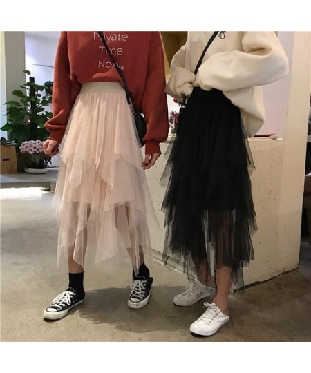 Asymmetrical Tulle Skirts Womens Black Beige Long Maxi Skirt Korean Ladies Girls Layered Skirt $30.09 - Skirts