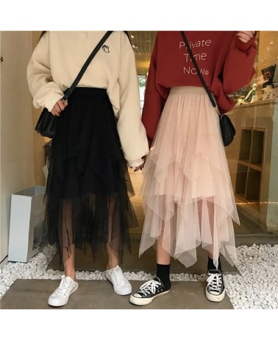 Asymmetrical Tulle Skirts Womens Black Beige Long Maxi Skirt Korean Ladies Girls Layered Skirt $30.09 - Skirts