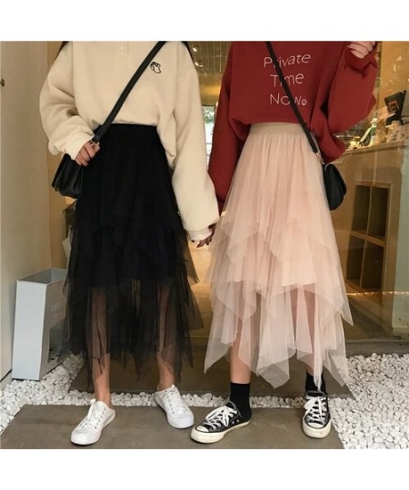 Asymmetrical Tulle Skirts Womens Black Beige Long Maxi Skirt Korean Ladies Girls Layered Skirt $30.09 - Skirts