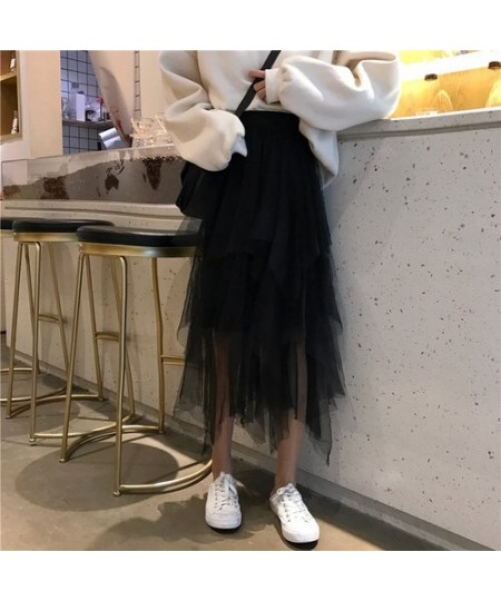 Asymmetrical Tulle Skirts Womens Black Beige Long Maxi Skirt Korean Ladies Girls Layered Skirt $30.09 - Skirts