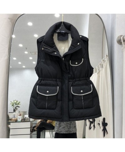 Winter Clothes Vest Women Stand Neck Thicked Slim Waist Tank Jacket 2023 Ropa Mujer Beading Temperament Tops Chalecos Para $5...