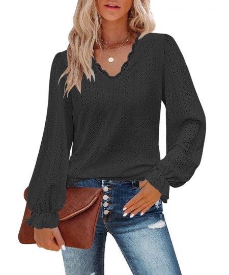 Casual Lace V-neck Ruffle Long Sleeve Blouse Women 2023 Spring Dressy Elegant Loose Hollow Out Shirts Tee Top Tunic T-shirts ...