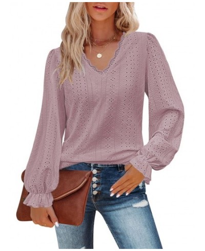 Casual Lace V-neck Ruffle Long Sleeve Blouse Women 2023 Spring Dressy Elegant Loose Hollow Out Shirts Tee Top Tunic T-shirts ...