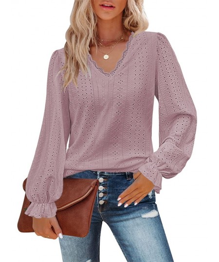 Casual Lace V-neck Ruffle Long Sleeve Blouse Women 2023 Spring Dressy Elegant Loose Hollow Out Shirts Tee Top Tunic T-shirts ...