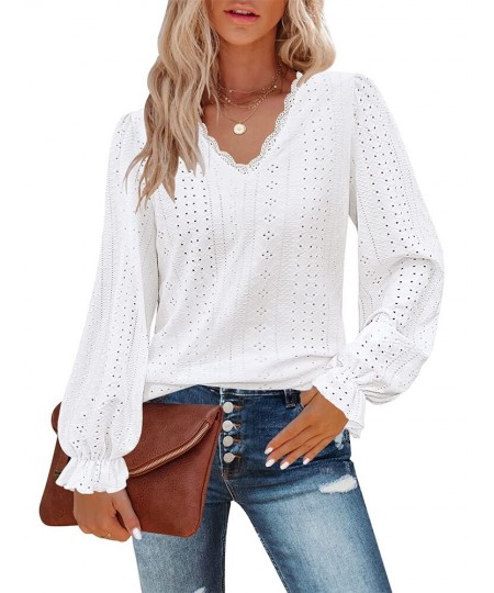 Casual Lace V-neck Ruffle Long Sleeve Blouse Women 2023 Spring Dressy Elegant Loose Hollow Out Shirts Tee Top Tunic T-shirts ...