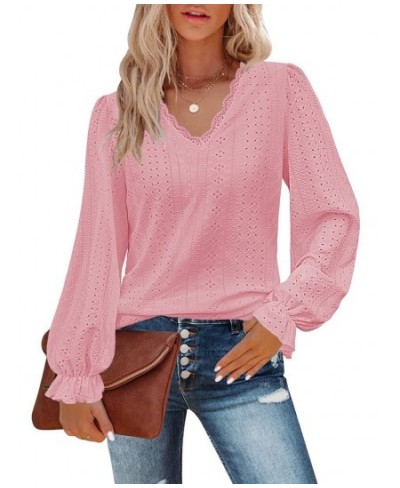 Casual Lace V-neck Ruffle Long Sleeve Blouse Women 2023 Spring Dressy Elegant Loose Hollow Out Shirts Tee Top Tunic T-shirts ...