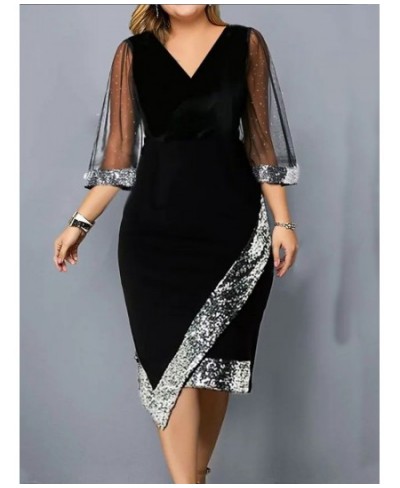 Women's Dress Sequin Mesh Long Sleeve Asymmetrical Hem Formal Occasion Dress Elegant Slim Fit V-Neck Luxury Summer Skinny 202...