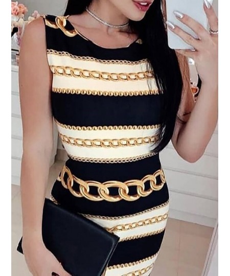 Spring Summer Women's New Sexy Printed Chain Pattern Body Dress Ladies Fashion Round Neck Sleeveless Elegant Slim Party Dress...