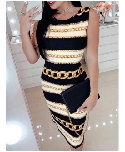 Spring Summer Women's New Sexy Printed Chain Pattern Body Dress Ladies Fashion Round Neck Sleeveless Elegant Slim Party Dress...