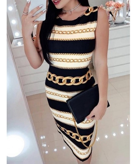 Spring Summer Women's New Sexy Printed Chain Pattern Body Dress Ladies Fashion Round Neck Sleeveless Elegant Slim Party Dress...