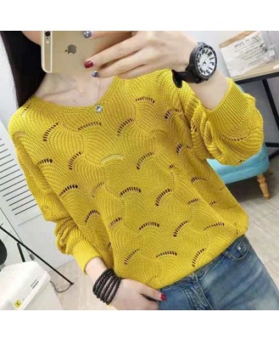 Spring And Summer Hollow Pullover Pure Color Work Shirt Fashionable Loose Thin Knit Sweater Comfortable And Versatile Pullove...