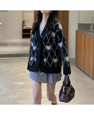 Women Knitted Cardigan Argyle Heart Pattern Jacquard Sweater Long Sleeve Love Style Coat 2023 Fall Winter Vintage Korean Tops...