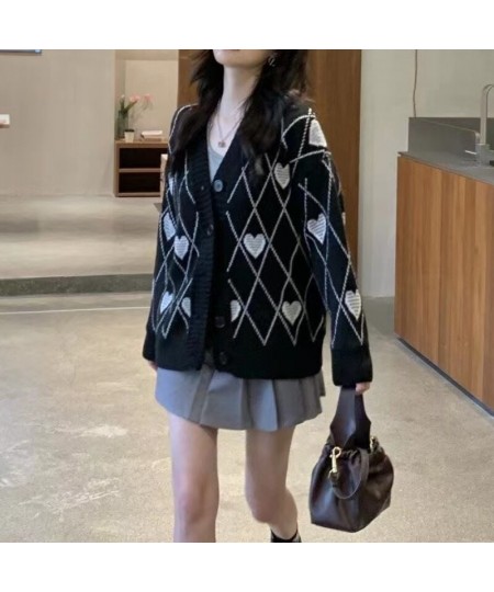 Women Knitted Cardigan Argyle Heart Pattern Jacquard Sweater Long Sleeve Love Style Coat 2023 Fall Winter Vintage Korean Tops...