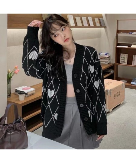 Women Knitted Cardigan Argyle Heart Pattern Jacquard Sweater Long Sleeve Love Style Coat 2023 Fall Winter Vintage Korean Tops...