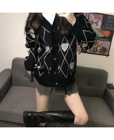 Women Knitted Cardigan Argyle Heart Pattern Jacquard Sweater Long Sleeve Love Style Coat 2023 Fall Winter Vintage Korean Tops...