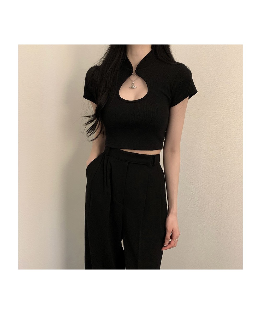 Woman TShirts Slim Fit Chinese Knot Button Top Tight Short Sleeve T-shirt for Women Crop Top Mujer Camisetas $21.76 - Tops & ...