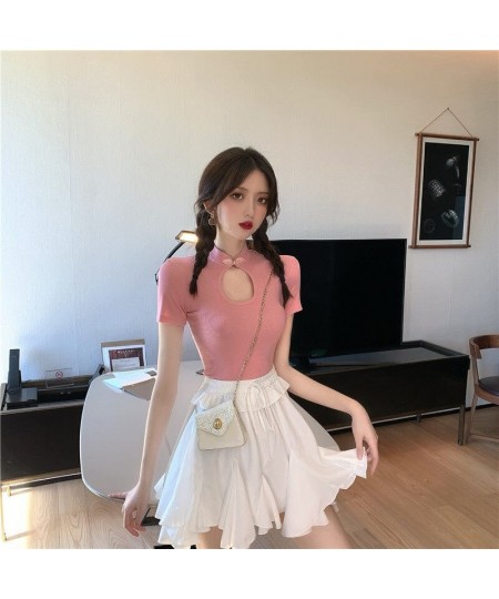 Woman TShirts Slim Fit Chinese Knot Button Top Tight Short Sleeve T-shirt for Women Crop Top Mujer Camisetas $21.76 - Tops & ...