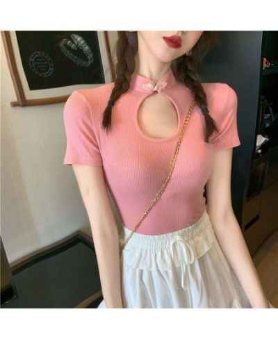 Woman TShirts Slim Fit Chinese Knot Button Top Tight Short Sleeve T-shirt for Women Crop Top Mujer Camisetas $21.76 - Tops & ...