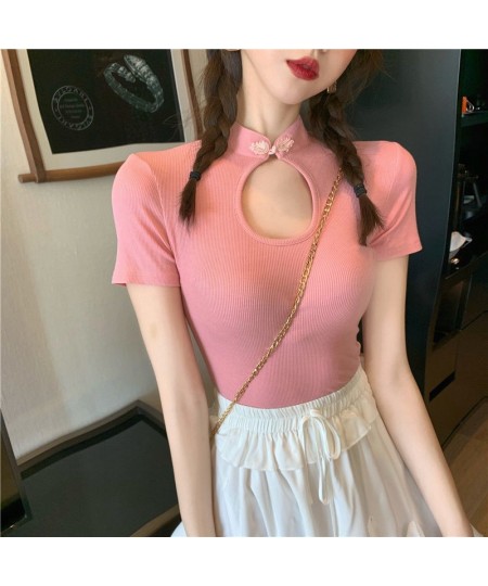 Woman TShirts Slim Fit Chinese Knot Button Top Tight Short Sleeve T-shirt for Women Crop Top Mujer Camisetas $21.76 - Tops & ...