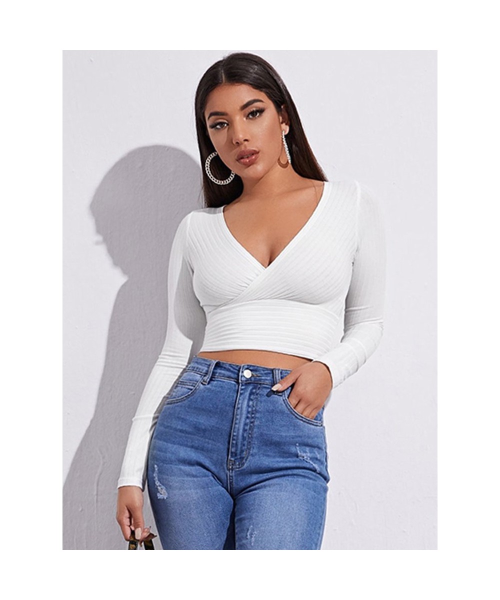 Women Casual Solid Long Sleeve Crop T-shirt Fashion V-Collar Bare Midriff Stretch Tops Ribbed Knitted Elastic Slim Skinny Tee...