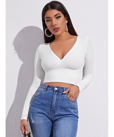 Women Casual Solid Long Sleeve Crop T-shirt Fashion V-Collar Bare Midriff Stretch Tops Ribbed Knitted Elastic Slim Skinny Tee...