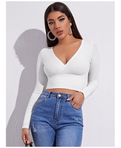 Women Casual Solid Long Sleeve Crop T-shirt Fashion V-Collar Bare Midriff Stretch Tops Ribbed Knitted Elastic Slim Skinny Tee...