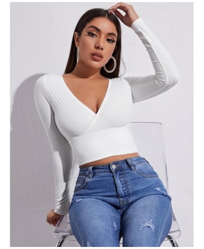 Women Casual Solid Long Sleeve Crop T-shirt Fashion V-Collar Bare Midriff Stretch Tops Ribbed Knitted Elastic Slim Skinny Tee...