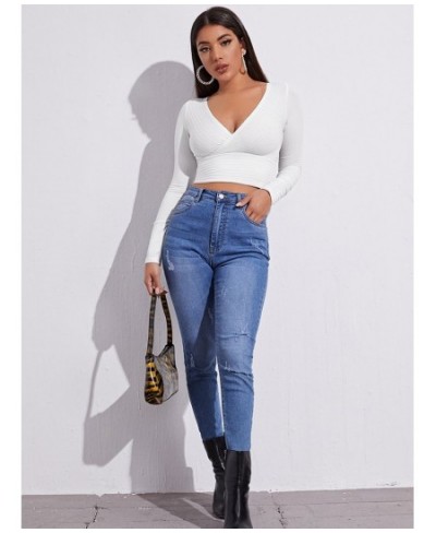 Women Casual Solid Long Sleeve Crop T-shirt Fashion V-Collar Bare Midriff Stretch Tops Ribbed Knitted Elastic Slim Skinny Tee...