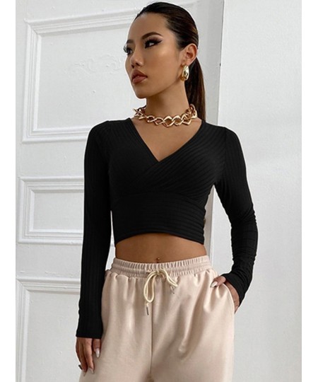 Women Casual Solid Long Sleeve Crop T-shirt Fashion V-Collar Bare Midriff Stretch Tops Ribbed Knitted Elastic Slim Skinny Tee...