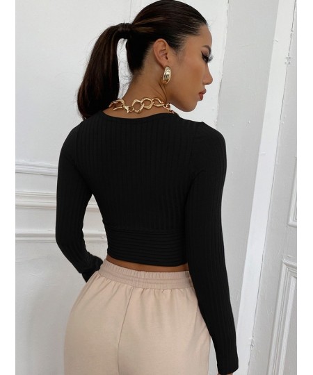 Women Casual Solid Long Sleeve Crop T-shirt Fashion V-Collar Bare Midriff Stretch Tops Ribbed Knitted Elastic Slim Skinny Tee...