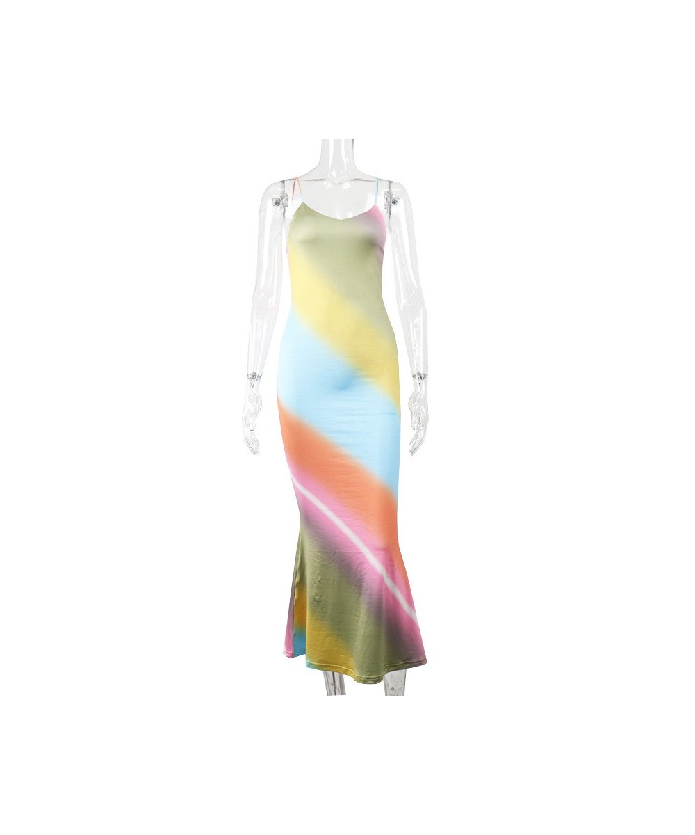 Women's Sexy V-Neck Backless Rainbow Print Slip Dress Summer Plus Size African Fashion Harajuku Party Office Lady Maxi Dress ...