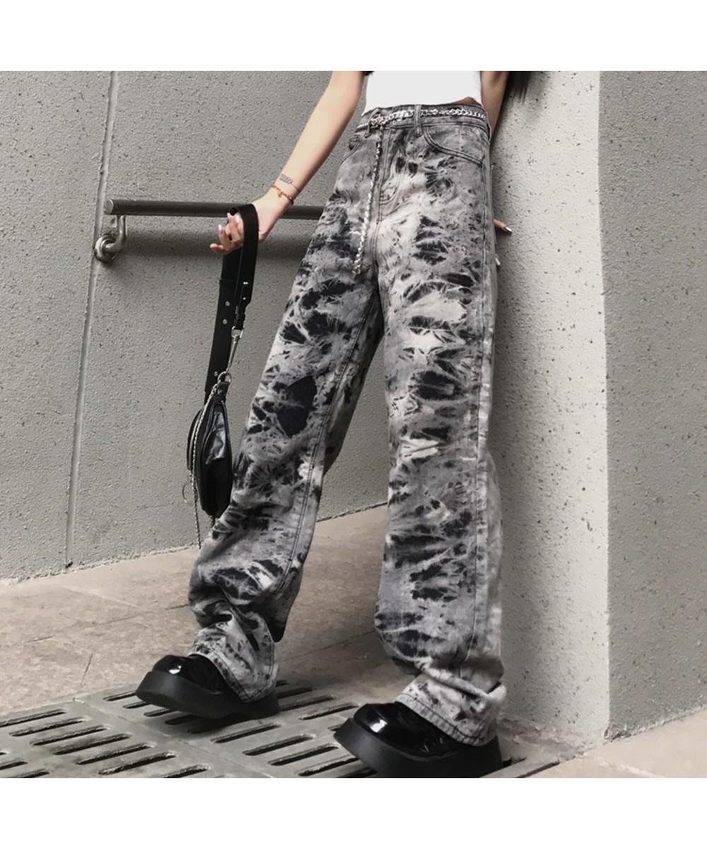 Spring And Autumn Plus Size Gray Loose Straight Fashion Jeans Women's High Waist And Thin Street Harajuku Tie-Dye Denim Pants...