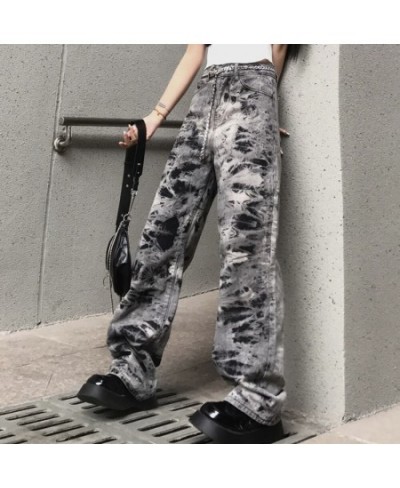 Spring And Autumn Plus Size Gray Loose Straight Fashion Jeans Women's High Waist And Thin Street Harajuku Tie-Dye Denim Pants...