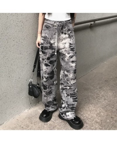 Spring And Autumn Plus Size Gray Loose Straight Fashion Jeans Women's High Waist And Thin Street Harajuku Tie-Dye Denim Pants...