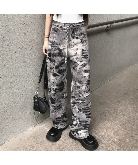 Spring And Autumn Plus Size Gray Loose Straight Fashion Jeans Women's High Waist And Thin Street Harajuku Tie-Dye Denim Pants...