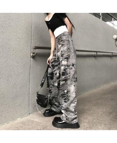 Spring And Autumn Plus Size Gray Loose Straight Fashion Jeans Women's High Waist And Thin Street Harajuku Tie-Dye Denim Pants...