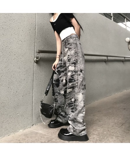 Spring And Autumn Plus Size Gray Loose Straight Fashion Jeans Women's High Waist And Thin Street Harajuku Tie-Dye Denim Pants...