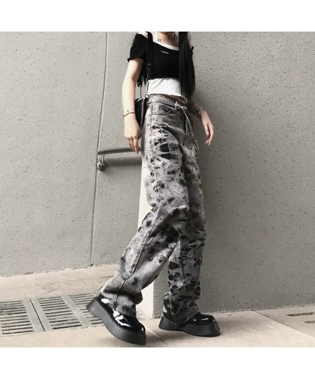 Spring And Autumn Plus Size Gray Loose Straight Fashion Jeans Women's High Waist And Thin Street Harajuku Tie-Dye Denim Pants...