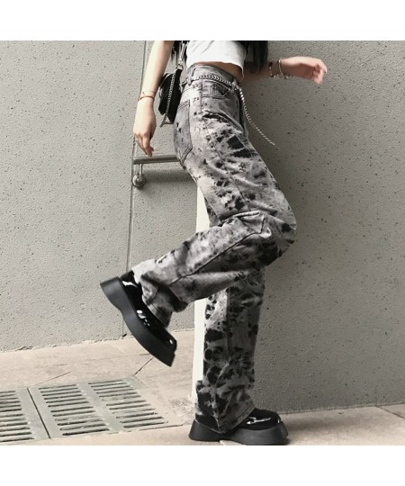 Spring And Autumn Plus Size Gray Loose Straight Fashion Jeans Women's High Waist And Thin Street Harajuku Tie-Dye Denim Pants...