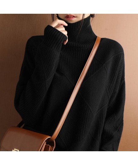 Cashmere sweater women turtleneck sweater pure color knitted turtleneck pullover 100% pure wool loose large size sweater wome...