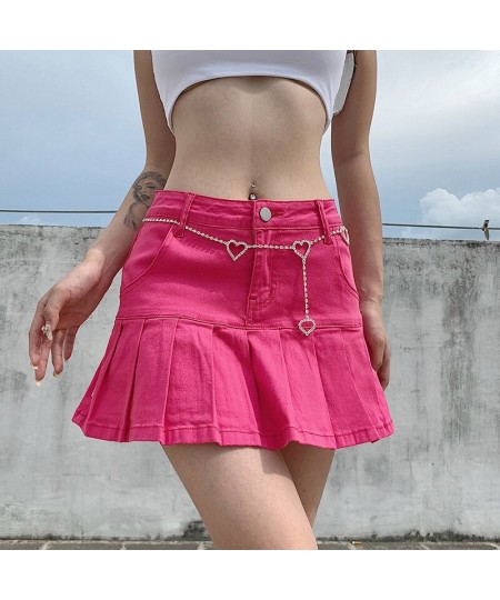 y2k Pink Denim Pleated Skirts Mini Solid Casual Woman Fashion Korean Style High Waist Skirt with Lined Hot Club Party Girls $...