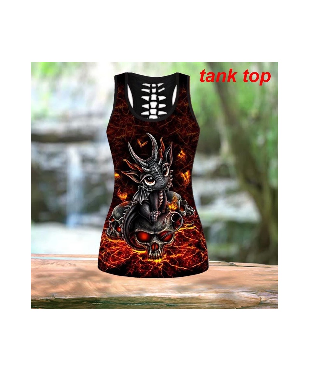 Lovely Dragon and Skull Red Fire Hollow Tank Top and Legging 3D Print Outfit for Women Casual Yoga Pants $22.95 - Bottoms