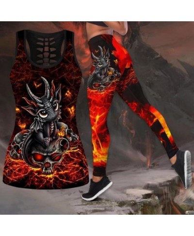 Lovely Dragon and Skull Red Fire Hollow Tank Top and Legging 3D Print Outfit for Women Casual Yoga Pants $22.95 - Bottoms